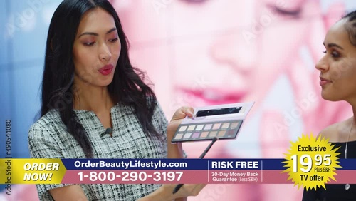 TV Beauty Show Shop Infomercial: Expert Showcases Presents Eyeshadow Palette, Uses it on Beautiful Model Present Best Products, Cosmetics. Playback Television Commercial Advertisement Channel photo