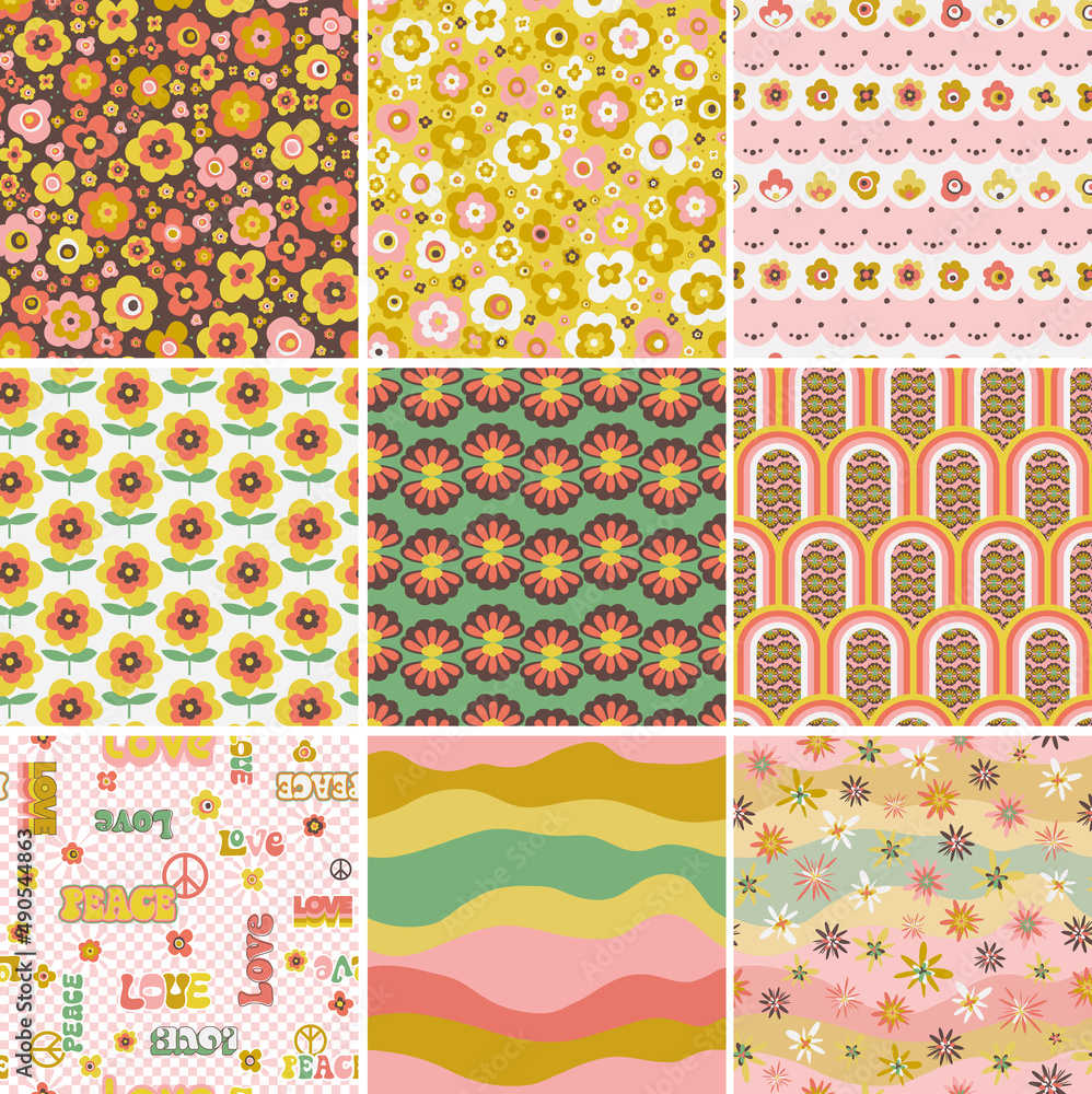 Retro 70s seamless patterns design set, vintage floral backgrounds