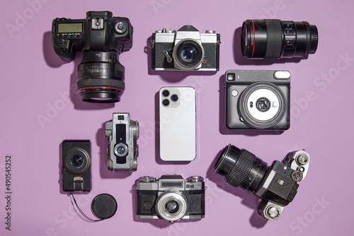 Set of vintage and new cameras