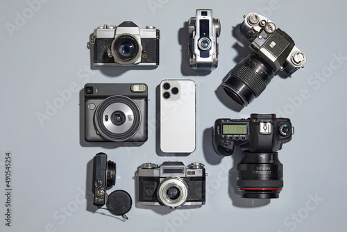 Set of vintage and new cameras