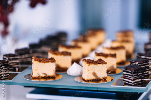 wedding candy bar with slices of delicious pie. close up.