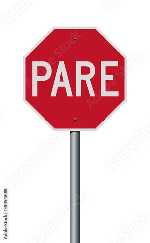 Vector illustration of the red Pare (Stop for South America countries) road sign with reflective effect