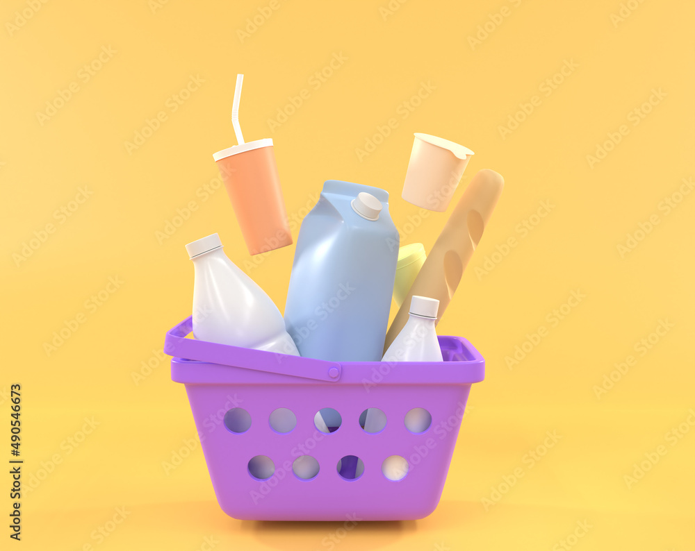 Shopping basket with food and drinks, full plastic supermarket cart with  grocery and dairy products, bread, bottles milk and box juice. Delivery  from online shop, retail store or market, 3d render Illustration