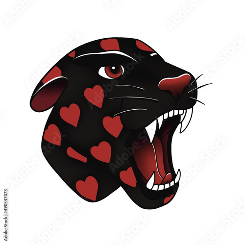 image of a panther in hearts in the style of a neotraditional tattoo