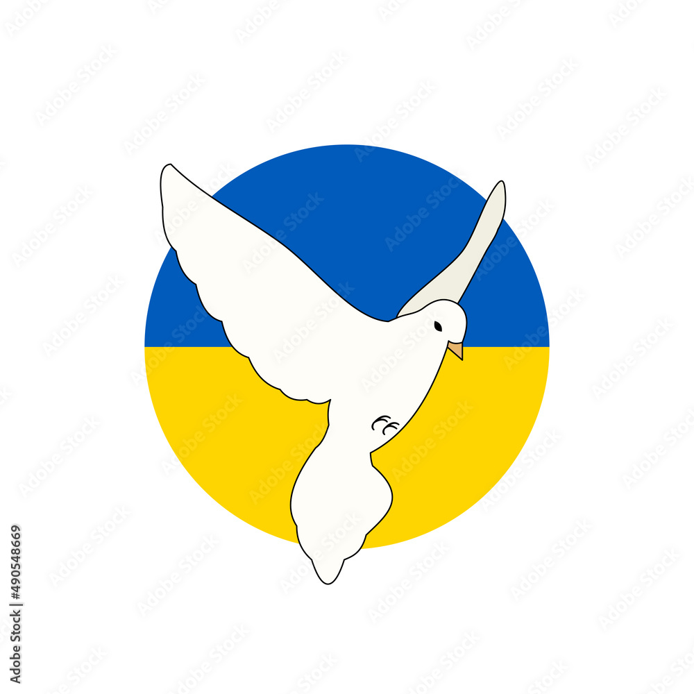 Wzlatujący ptak na tle Ukraińskiej flagi. Gołąbek pokoju. Powiedz "NIE" wojnie. Modlitwa za Ukrainę.	 - obrazy, fototapety, plakaty 