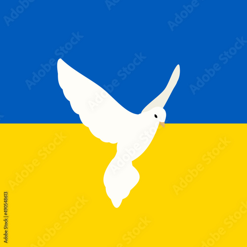 Gołąbek pokoju na tle flagi Ukrainy. Wsparcie dla Ukrainy. Stop Wojnie. Modlitwa za Ukrainę. Ilustracja wektorowa niebieska i żółta.