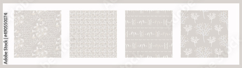 French gray linen seamless pattern set. Tonal farmhouse cottage style background. Simple vintage rustic fabric textile effect. Primitive modern shabby chic kitchen cloth design group. 