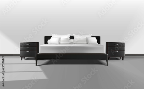3d realistic vector. King size bed with linen and pillows. Bedside tables.