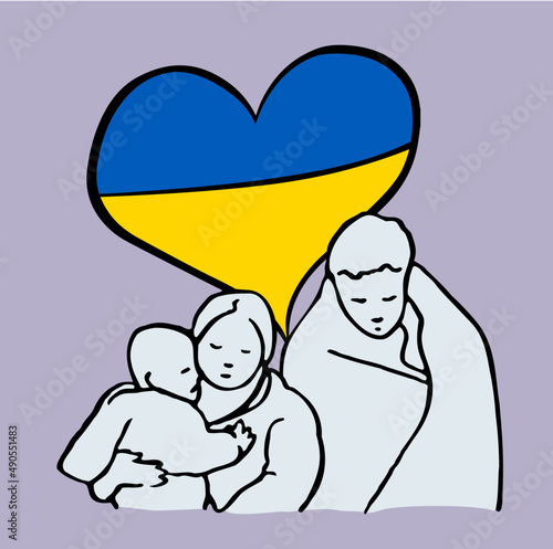 Flüchtlingshilfe für Menschen aus Ukraine, Konzept-Art mit ukrainischem Herz und Familie photo