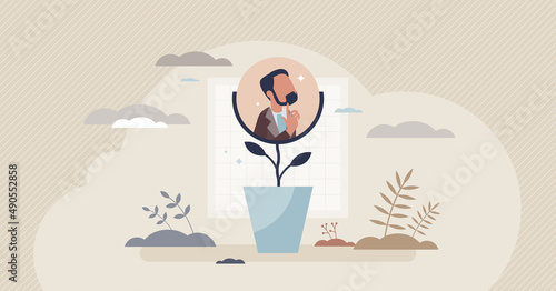 Developing talent and skill growth with potential rise tiny person concept. Self education as company employee performance progress with motivation boost vector illustration. Efficient work conditions
