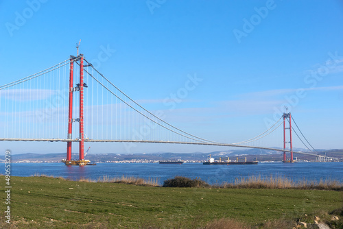 Canakkale  Turkey - 26 January 2022  The Canakkale 1915 Bridge will be one of the longest bridges in the world.It is being built over the Dardanelles Strait in the Canakkale  Turkey.