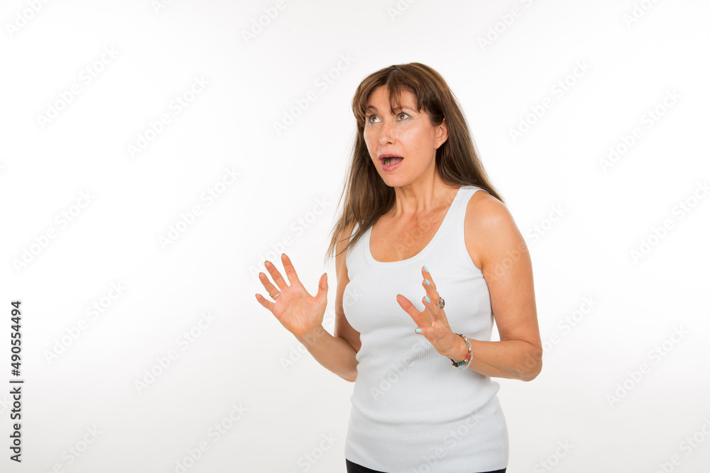 portrait adult woman with over-acted expression on white background portrait adult woman with over-acted expression on white background