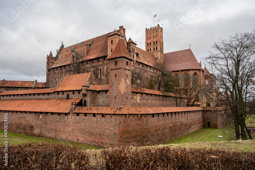 The medieval Castle of the Teutonic Order in Malbork in the Pomerania region, Poland. This is the largest castle in the world measured by land area and a UNESCO World Heritage Site