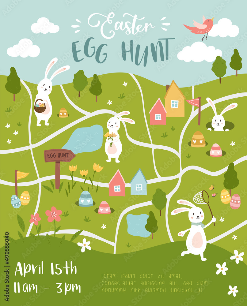 Fototapeta premium Cute Easter Egg hunt design, map for children, hand drawn with cute bunnies, eggs and decorations - great for invitations, banners, wallpapers - vector