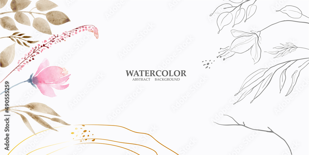Abstract watercolor art background in pink, graphite and gold pastel colors. Minimal style botanical wallpaper with flowers and leaves, Watercolor organic shapes. Background for banner, poster.