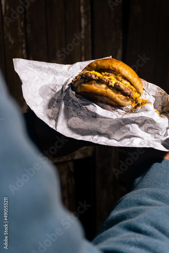 smashed burger with american cheese photo