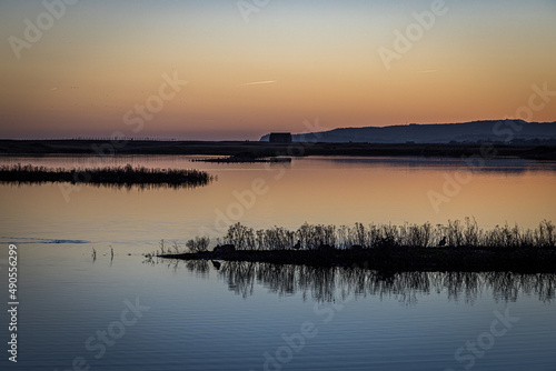 Sunset over Rye Harbour Nature Reserve, East Sussex, England