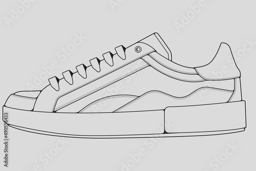 Shoes sneaker outline drawing vector, Sneakers drawn in a sketch style, black line sneaker trainers template outline, vector Illustration.
