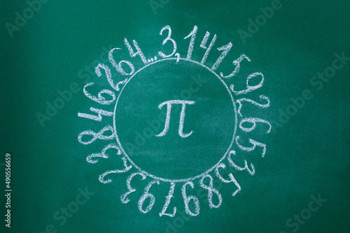 The Greek letter Pi is drawn in chalk on a green school blackboard in a circle of numbers