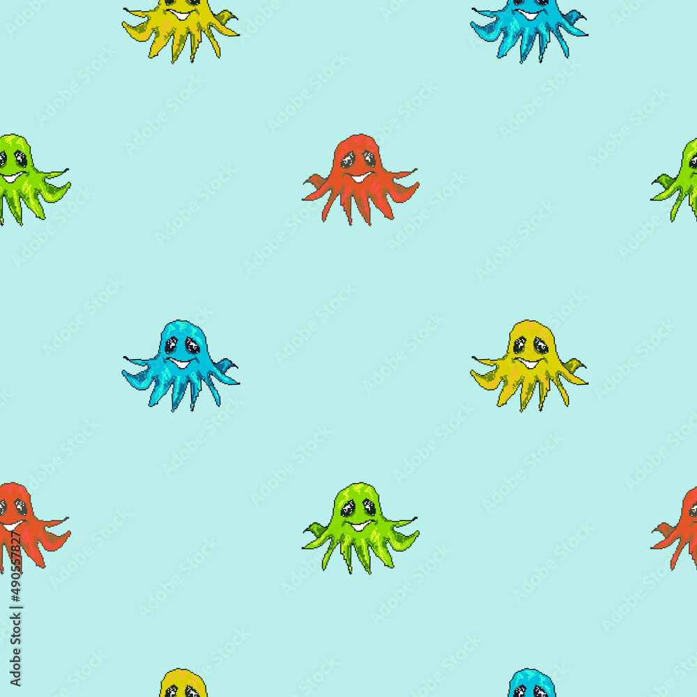 Obraz premium Baby octopus pixel art cute seamless pattern