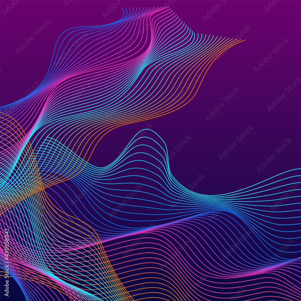 Iridescent Ribbon Background Violet Vector. Twisted Template. Colorful Contour Light. Amplitude Curve Cover. Multicolored Fiction.