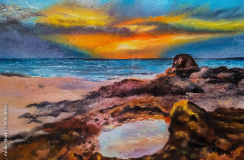 sunset over the sea. natural landscape painting at sunset on bonebula beach