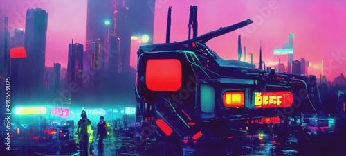 Strange abstarct futuristic construction against blurred neon city of a future. Cyberpunk scene. Creative urban concept. 3D illustration.