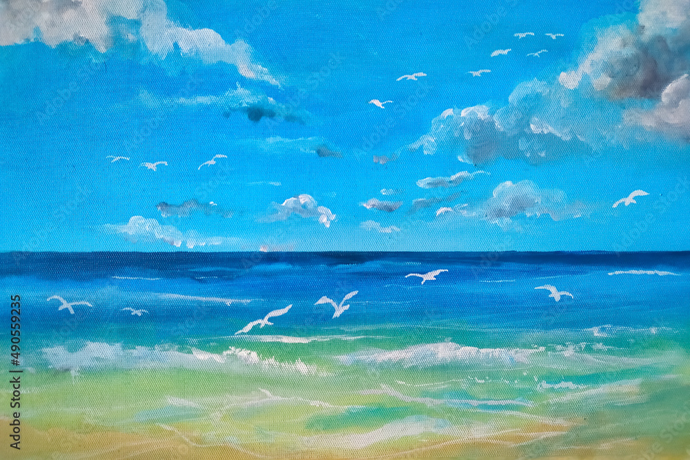 sea and sky. painting of natural landscapes on the beach in the morning ...
