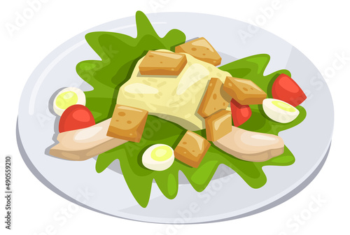 Caesar salad on white plate. Classic tasty dish