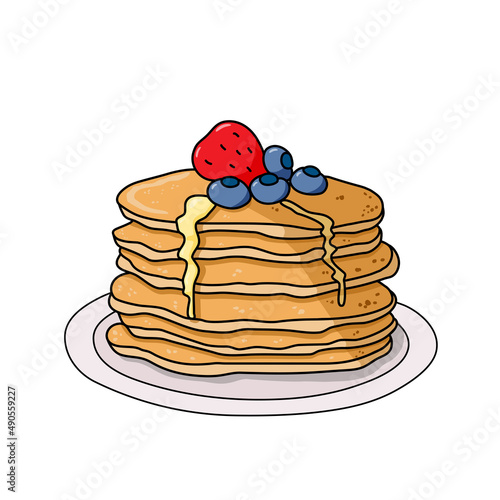 Pancakes with strawberry, blueberries and honey syrup vector illustraion. Food cartoon image. Breakfast meal.