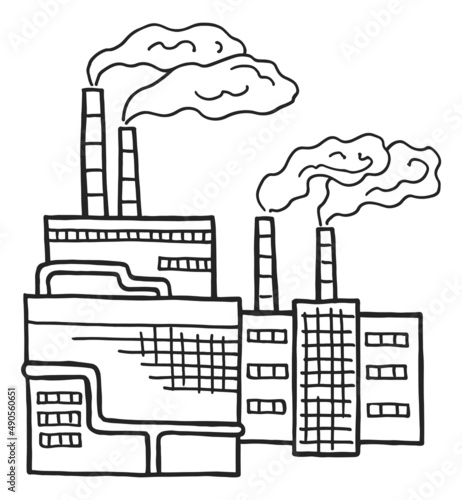 Smoking power plant. Industry building. Factory sketch