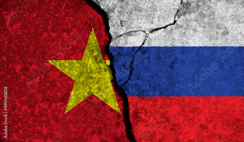 Political relationship between Vietnam and russia. National flags on cracked concrete background