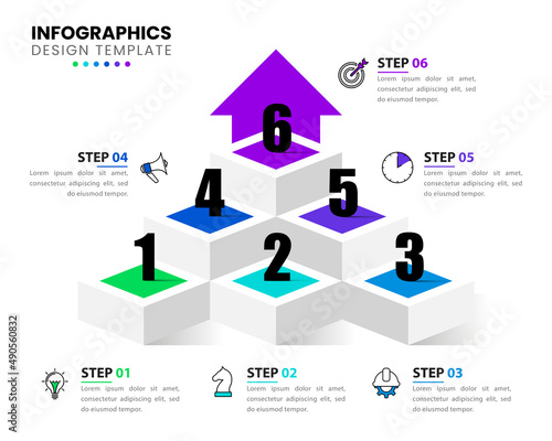 Infographic template with icons and 6 options or steps. Pyramid