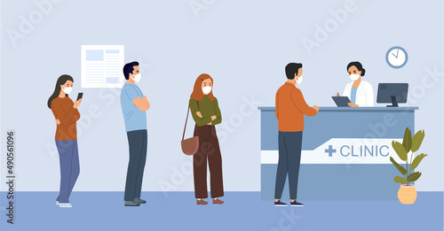 People of different ages are sitting in line. Man at the reception desk in the interior of the hospital. Vector illustration