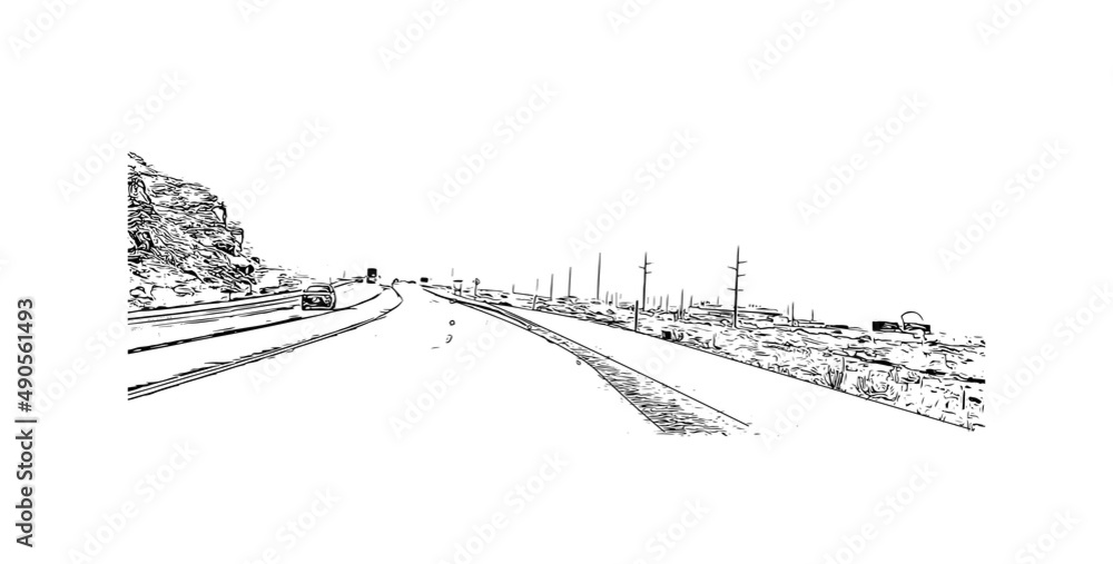 Building view with landmark of Moab is a city in eastern Utah. Hand drawn sketch illustration in vector.