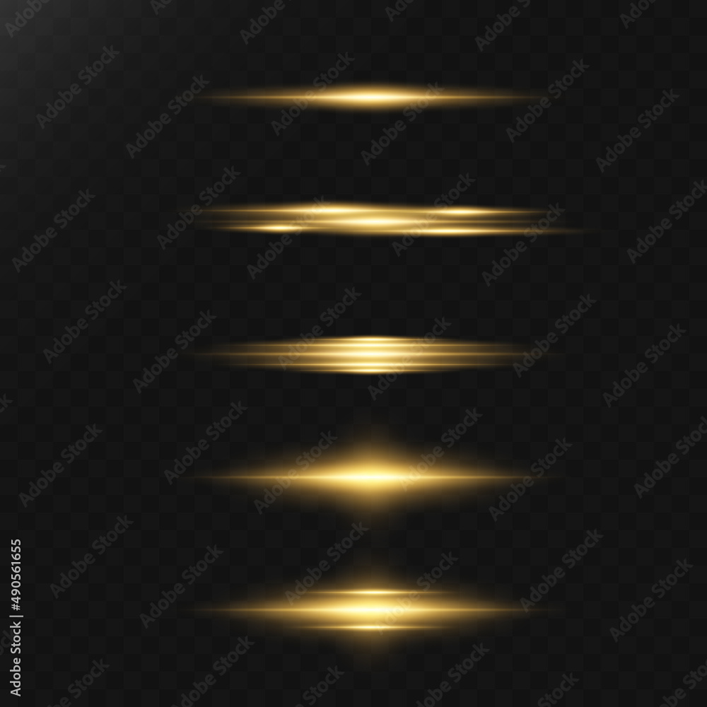 Yellow horizontal highlights. Laser beams, horizontal beams of light. Beautiful light flashes. Glowing stripes on a dark background. Glowing abstract sparkling background.