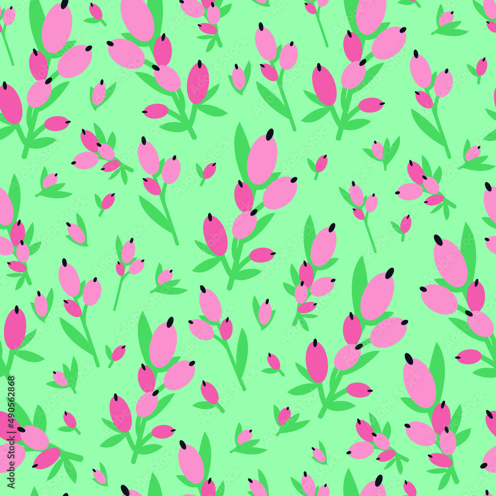 Spring hand drawn seamless pattern. Cute colorful flowers with green leaves in doodle style, vector illustration