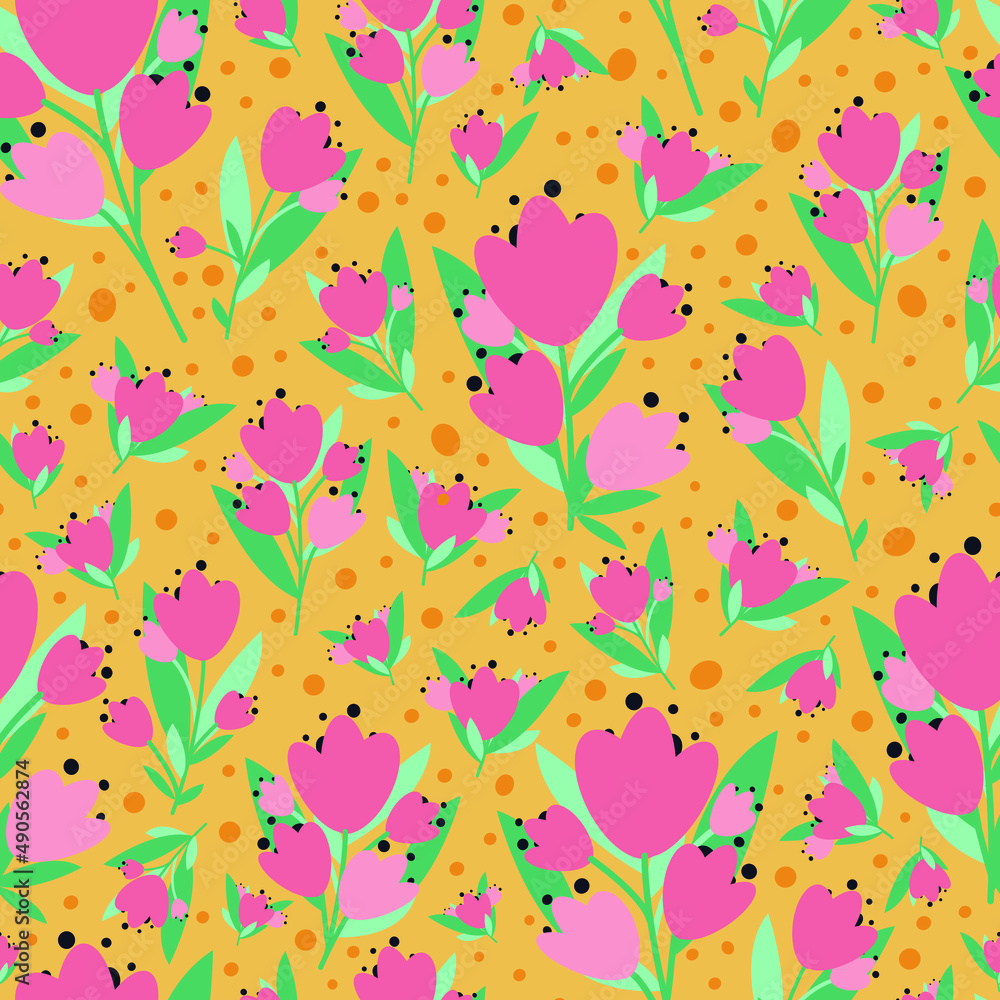 Spring hand drawn seamless pattern. Cute colorful flowers with dots and leaves in doodle style, vector illustration Spring hand drawn seamless pattern. Cute colorful flowers with dots and leaves in doodle style, vector illustration