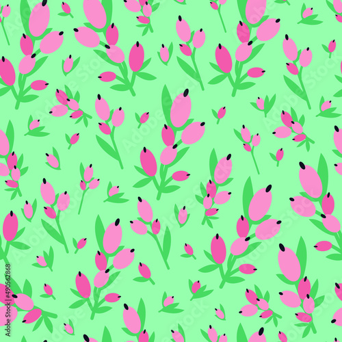 Spring hand drawn seamless pattern. Cute colorful flowers with green leaves in doodle style, vector illustration © Re_margarita_art