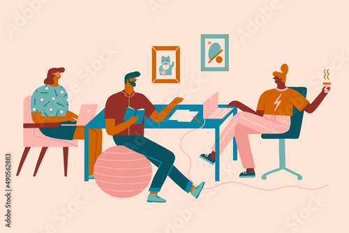 Women and men sitting at a desk working online on a laptop in co working space or modern office and drinking cup of coffee and chatting. Vector illustration