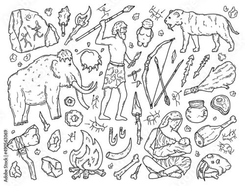 Cavemen and Neanderthals in the Stone Age, vector doodle set of icons. Ancient prehistoric people hunt mammoths and tigers. Tools and rock paintings. Paleontology and anthropology cartoon symbols.