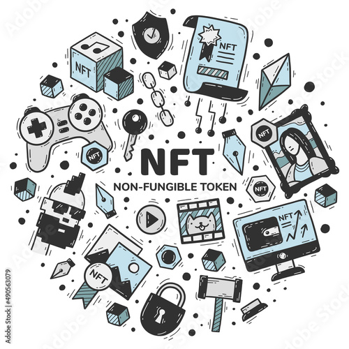 NFT non-fungible token set of vector icons in doodle style. Cryptocurrency and blockchain technology in the purchase of art, paintings, music and videos. Hand-drawn blue circular concept.