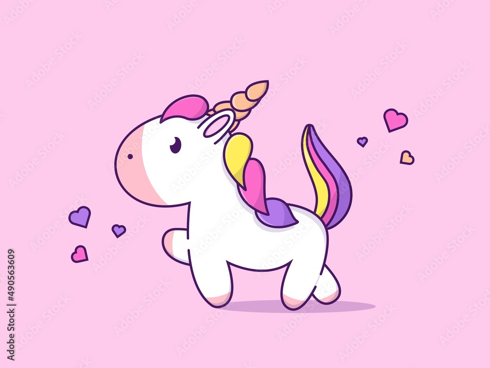 Cute Walking Unicorn Vector Icon Illustration. Unicorn linear icon. Unicorn Mascot Cartoon Character. Cartoon Style Suitable for Web Landing Page, Banner, Flyer, Sticker, Card