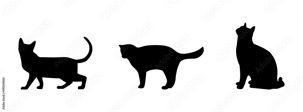 Set of isolated black silhouettes of cats. Vector illustration.