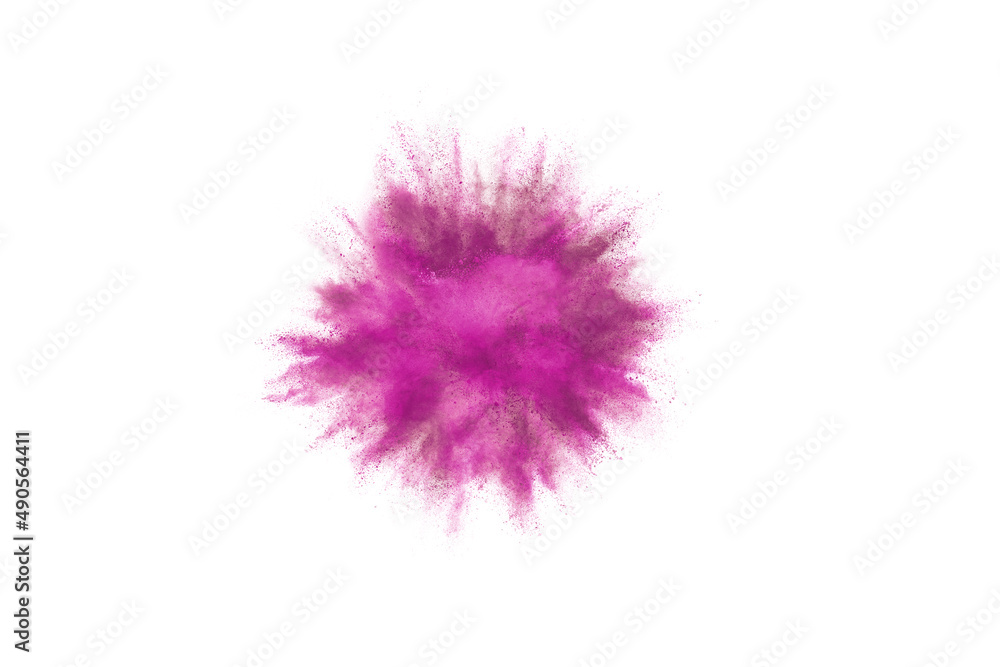 Pink powder explosion isolated on white background.