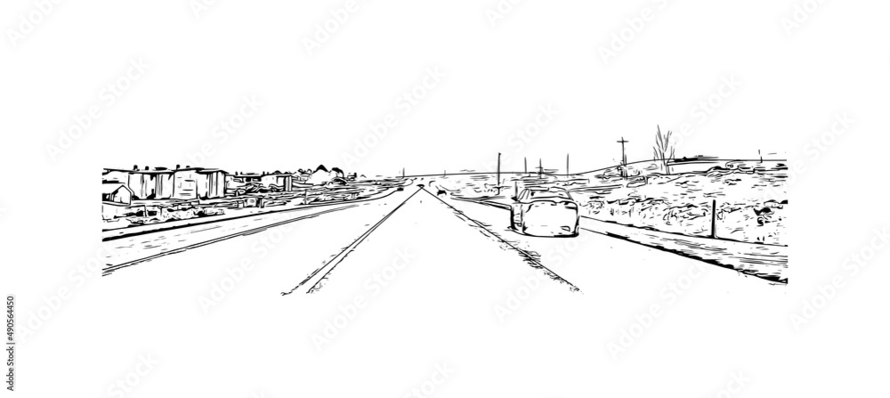 Building view with landmark of Moab is a city in eastern Utah. Hand drawn sketch illustration in vector.