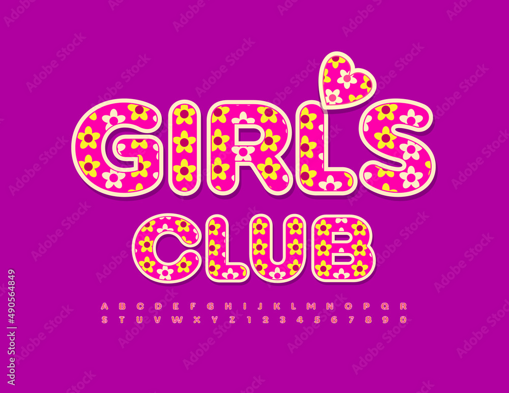 Fototapeta premium Vector beautiful template Girls Club with decorative Heart. Flower pattern Font. Set of Floral Alphabet Letters and Numbers