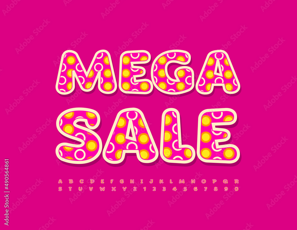 Vector promo tag Mega Sale. Cute style Font. Funky Alphabet Letters and Numbers set