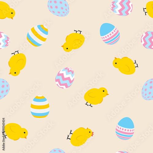Painted easter egg and chicken cite seamless pattern background. Illustration © olegganko