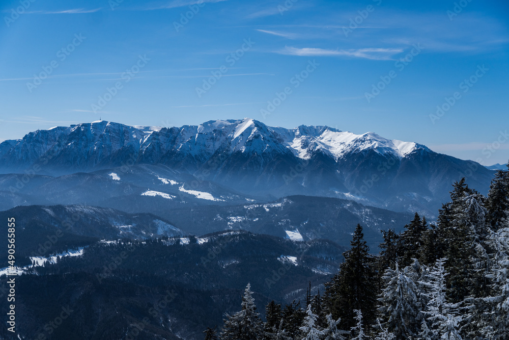 snow covered mountains, Bucegi Mountains, viewpoint from Postavaru Mountains, Romania 